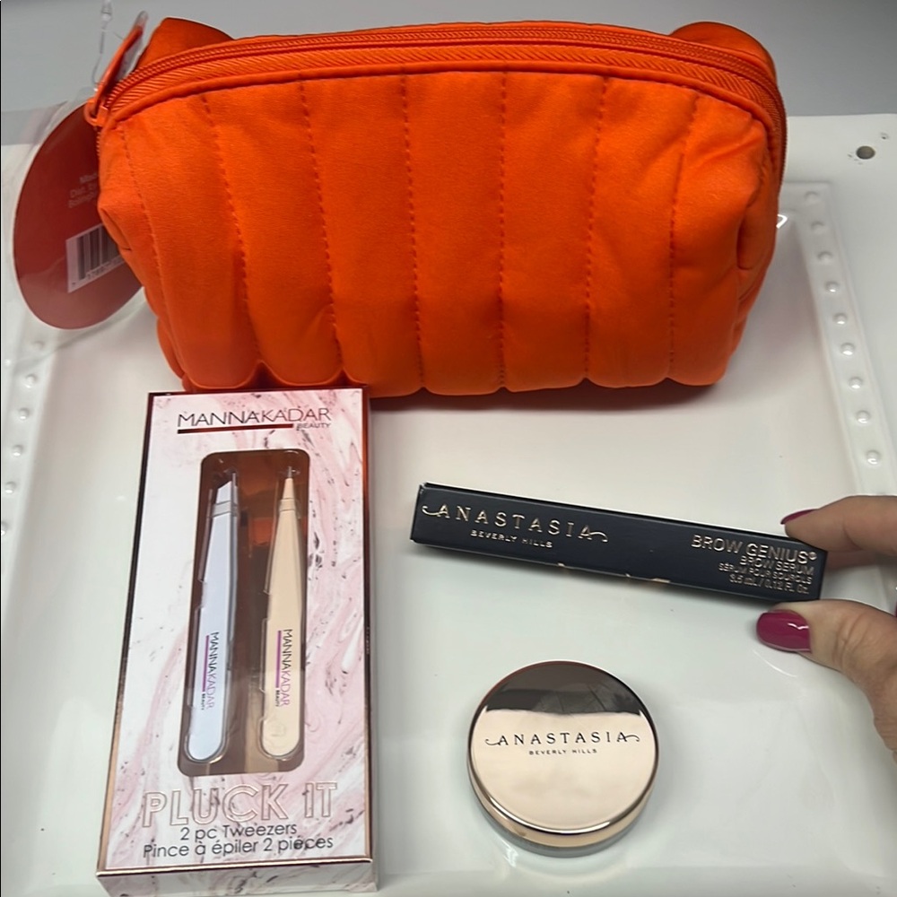 Anastasia Beverly Hills Brow Serum & Brow Gel , tweezer set in cute Orange Bag!